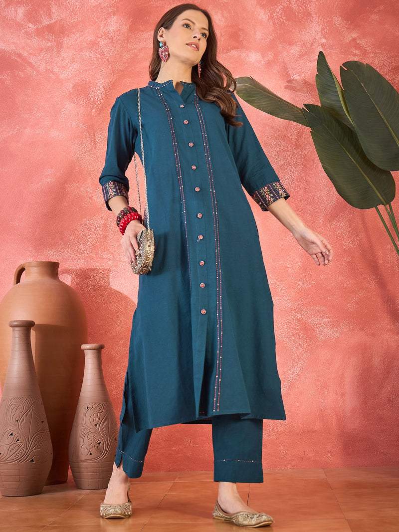 Pure Cotton Mirror Work Straight Kurta With Trouser Kurta Set