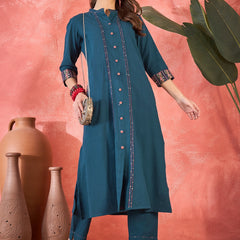Pure Cotton Mirror Work Straight Kurta With Trouser Kurta Set