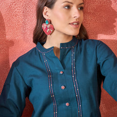 Pure Cotton Mirror Work Straight Kurta With Trouser Kurta Set