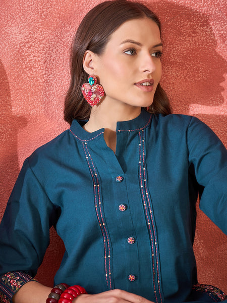 Pure Cotton Mirror Work Straight Kurta With Trouser Kurta Set
