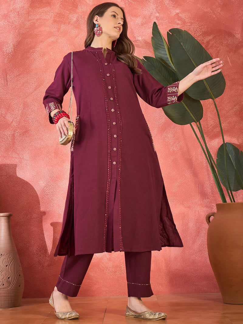 Pure Cotton Mirror Work Straight Kurta With Trouser Kurta Set