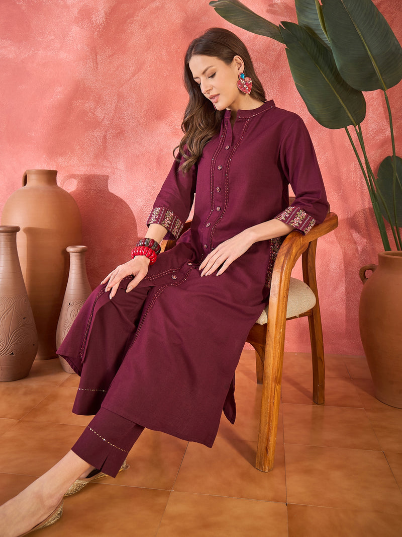 Pure Cotton Mirror Work Straight Kurta With Trouser Kurta Set