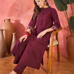 Pure Cotton Mirror Work Straight Kurta With Trouser Kurta Set
