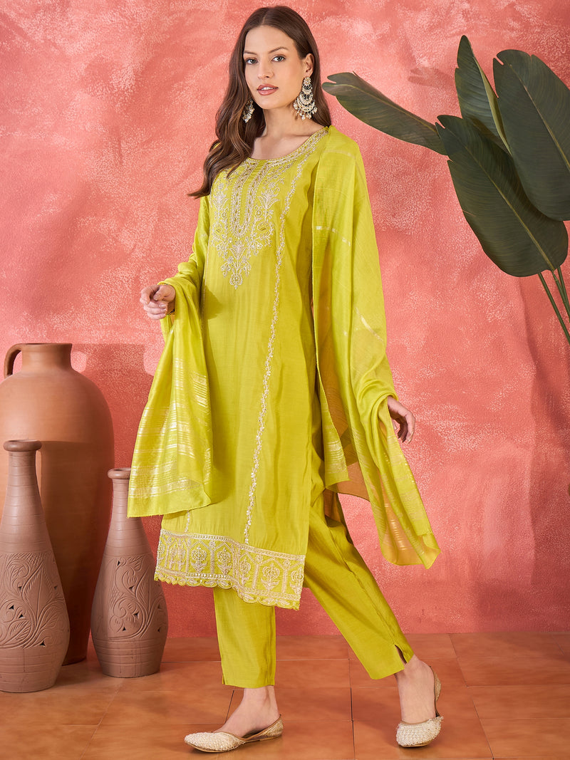 Women Green Embroidered Straight Kurta With Pant & Dupatta