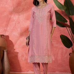 Pink Embroidered Straight With Trouser & Dupatta Kurta Set