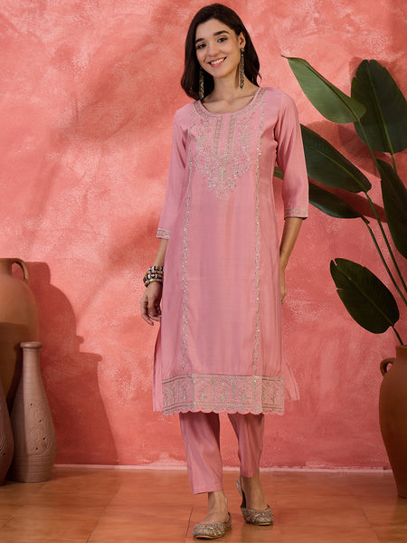 Pink Embroidered Straight With Trouser & Dupatta Kurta Set