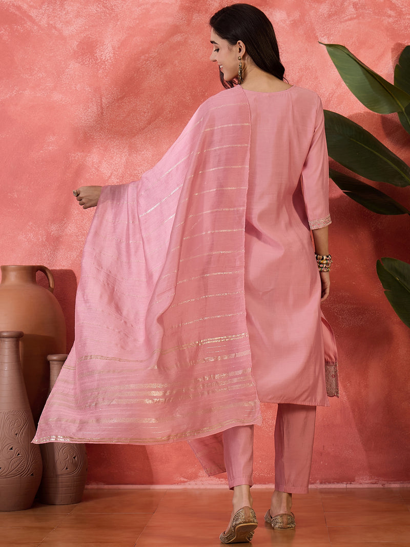 Pink Embroidered Straight With Trouser & Dupatta Kurta Set