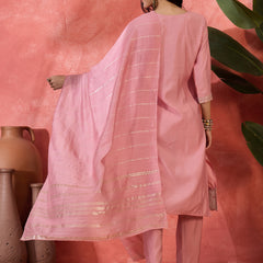 Pink Embroidered Straight With Trouser & Dupatta Kurta Set