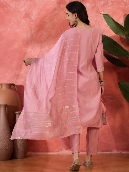 Pink Embroidered Straight With Trouser & Dupatta Kurta Set