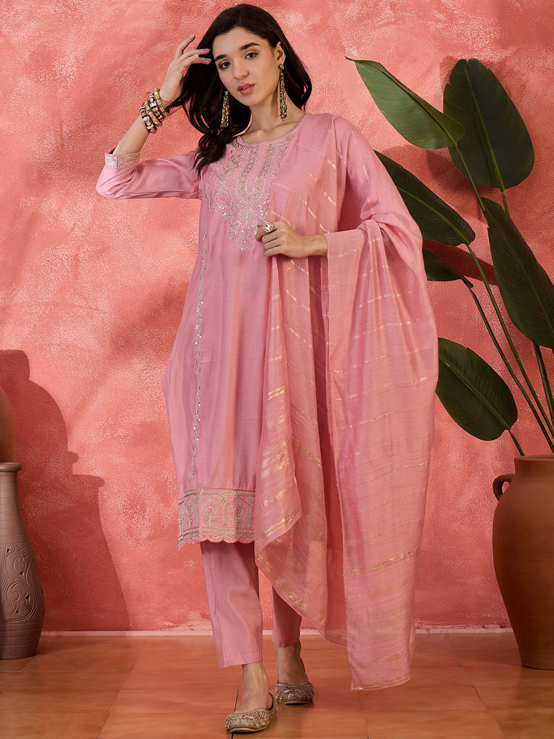 Pink Embroidered Straight With Trouser & Dupatta Kurta Set