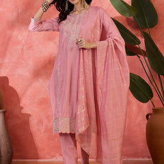 Pink Embroidered Straight With Trouser & Dupatta Kurta Set