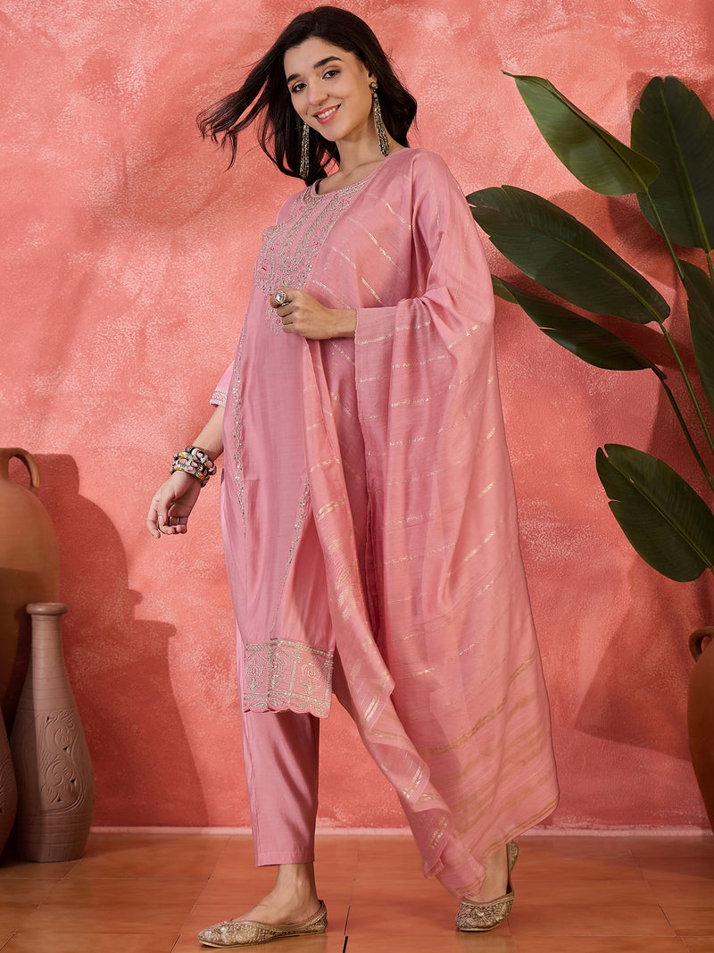 Pink Embroidered Straight With Trouser & Dupatta Kurta Set
