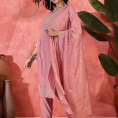 Pink Embroidered Straight With Trouser & Dupatta Kurta Set