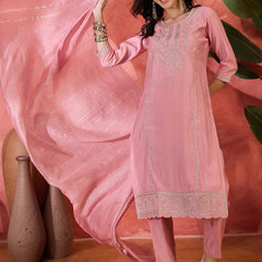 Pink Embroidered Straight With Trouser & Dupatta Kurta Set