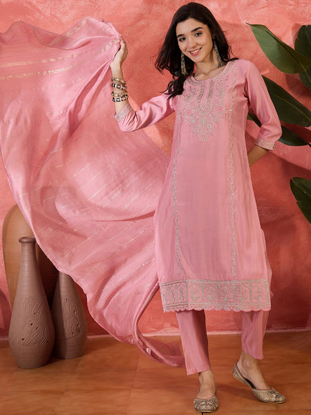 Pink Embroidered Straight With Trouser & Dupatta Kurta Set