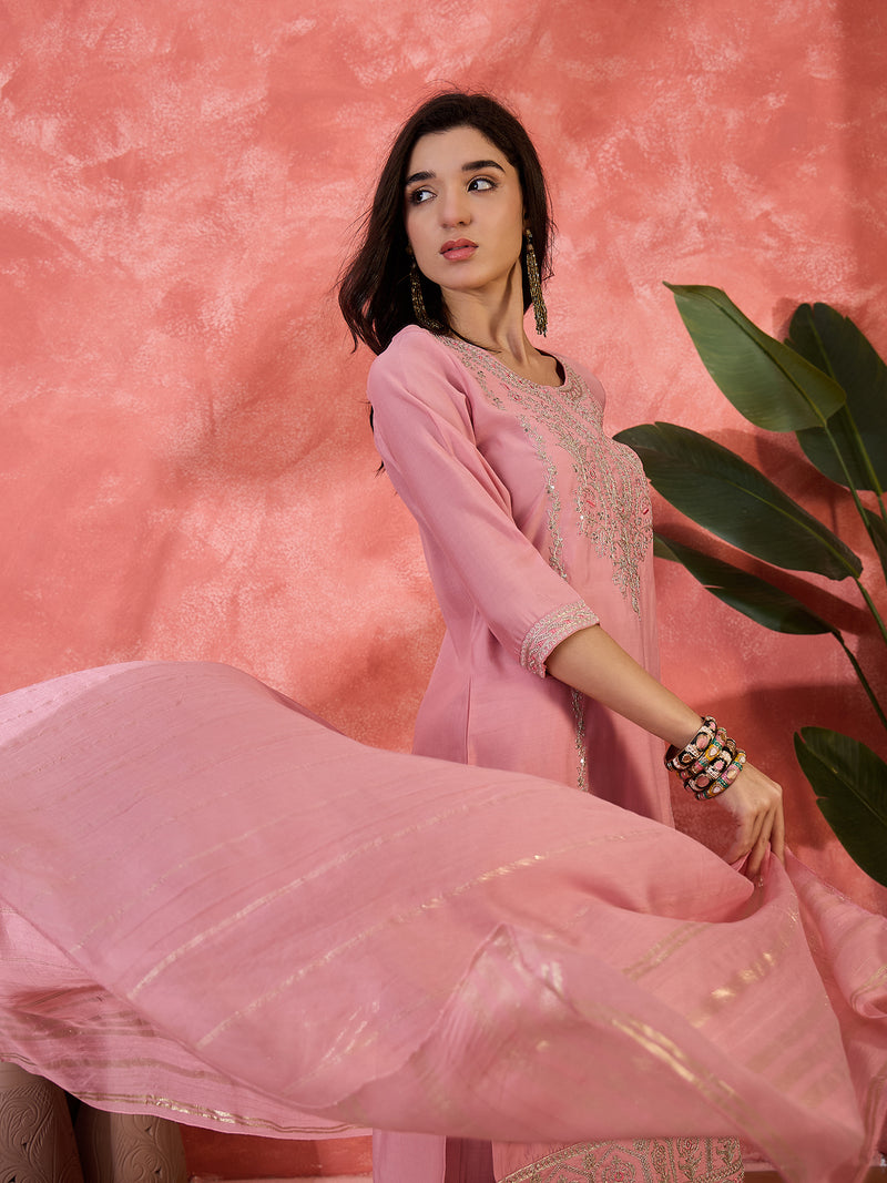 Pink Embroidered Straight With Trouser & Dupatta Kurta Set