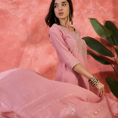 Pink Embroidered Straight With Trouser & Dupatta Kurta Set