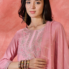 Pink Embroidered Straight With Trouser & Dupatta Kurta Set
