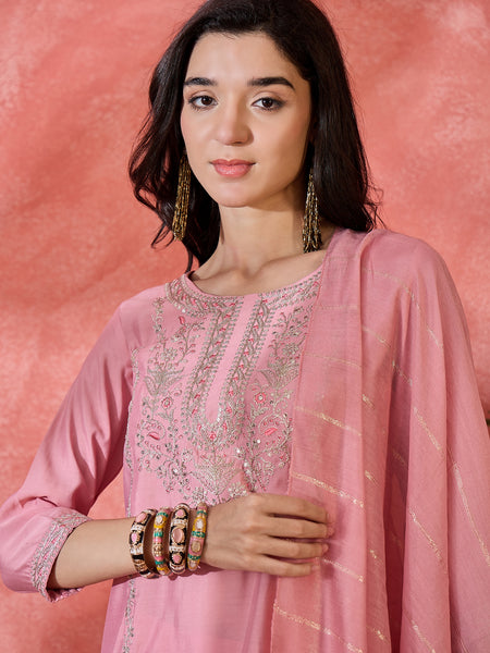 Pink Embroidered Straight With Trouser & Dupatta Kurta Set
