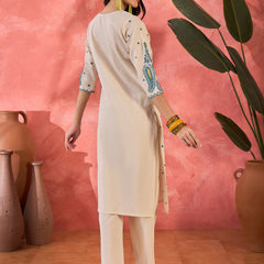 Off White Embroidered Straight Kurta With Pant