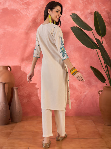 Off White Embroidered Straight Kurta With Pant