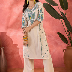 Off White Embroidered Straight Kurta With Pant