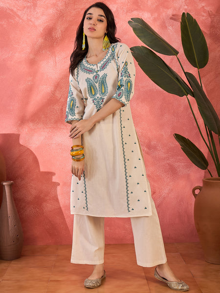 Off White Embroidered Straight Kurta With Pant