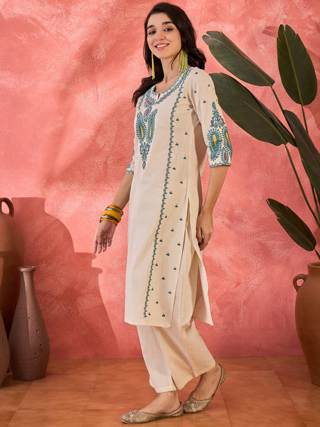 Off White Embroidered Straight Kurta With Pant