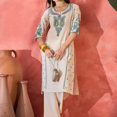 Off White Embroidered Straight Kurta With Pant