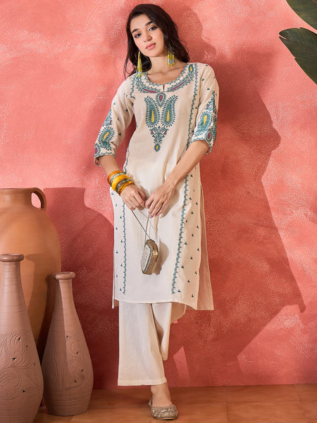 Off White Embroidered Straight Kurta With Pant