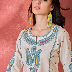 Off White Embroidered Straight Kurta With Pant