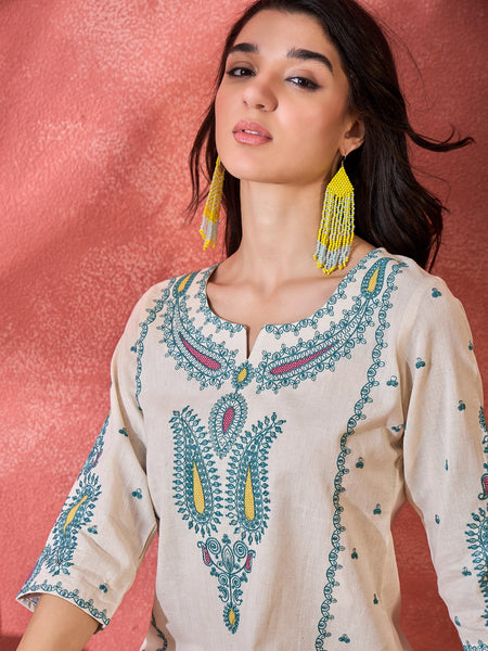 Off White Embroidered Straight Kurta With Pant
