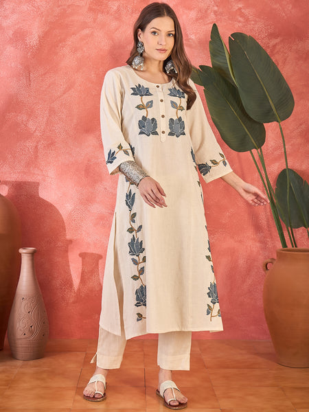 Pure Cotton Embroidered Straight With Trouser  Kurta Set
