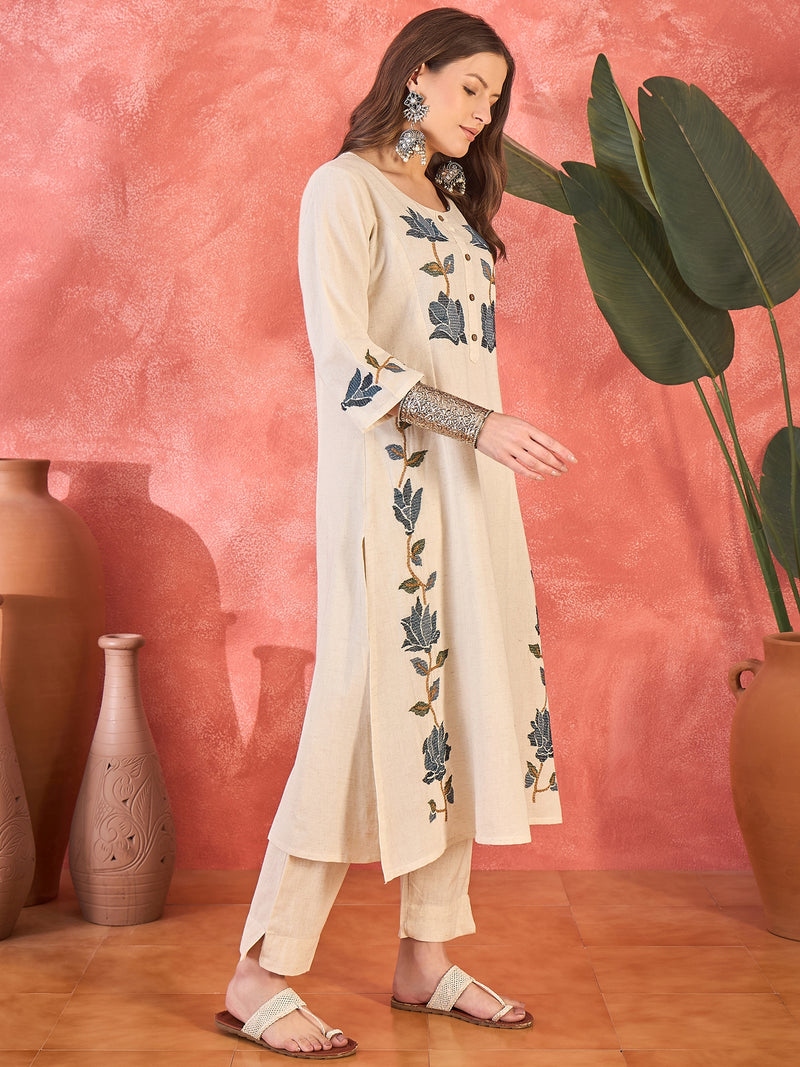Pure Cotton Embroidered Straight With Trouser  Kurta Set