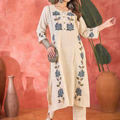 Pure Cotton Embroidered Straight With Trouser  Kurta Set