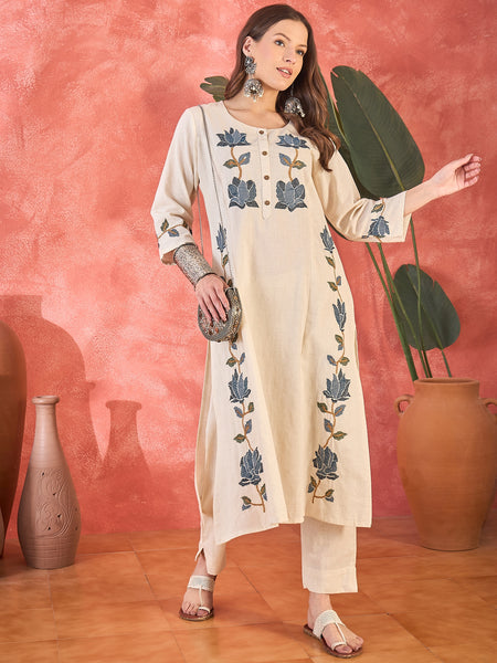 Pure Cotton Embroidered Straight With Trouser  Kurta Set