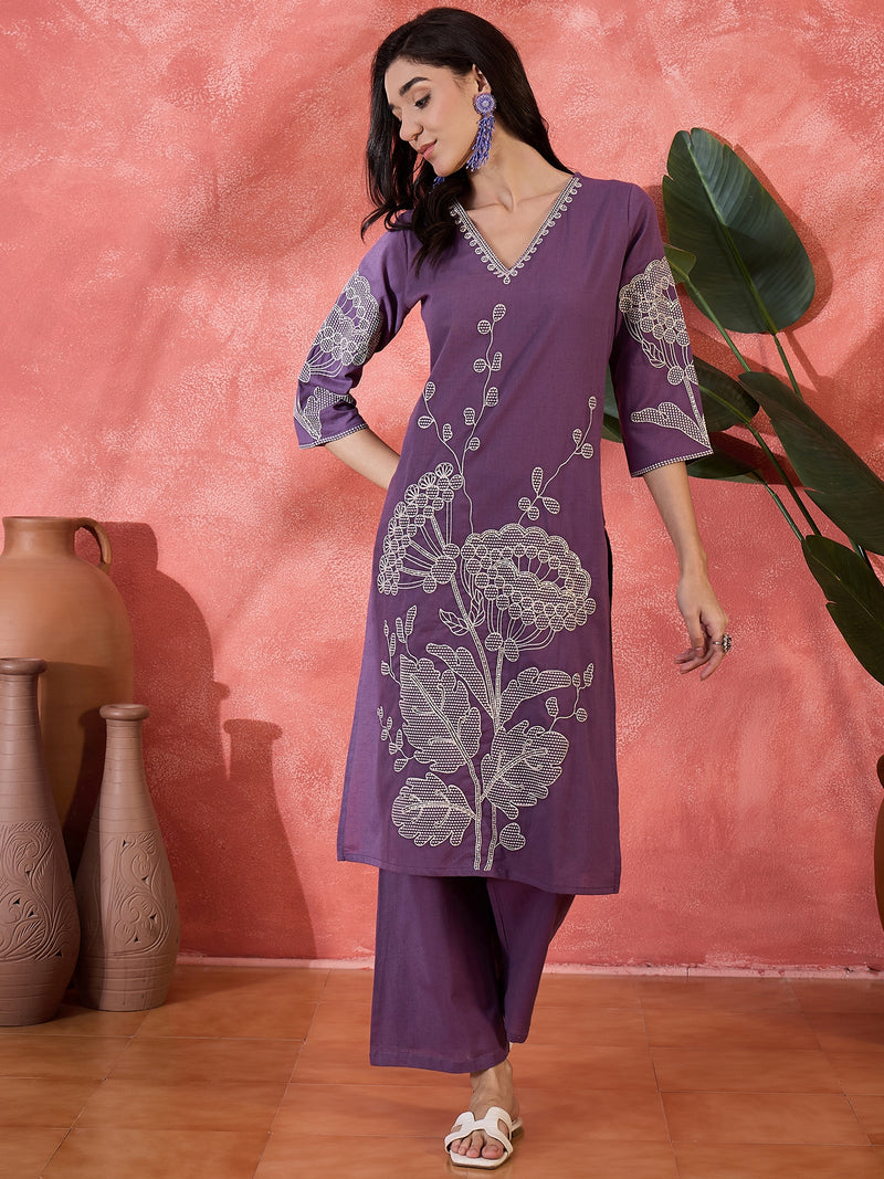 Pure Cotton Embroidered Straight With Trouser  Kurta Set