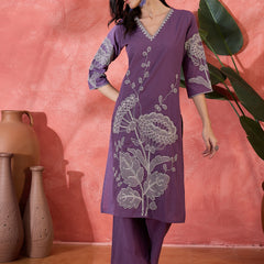 Pure Cotton Embroidered Straight With Trouser  Kurta Set