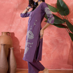 Pure Cotton Embroidered Straight With Trouser  Kurta Set