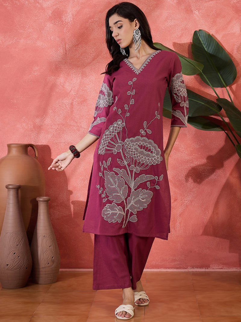 Pure Cotton Embroidered Straight With Trouser  Kurta Set
