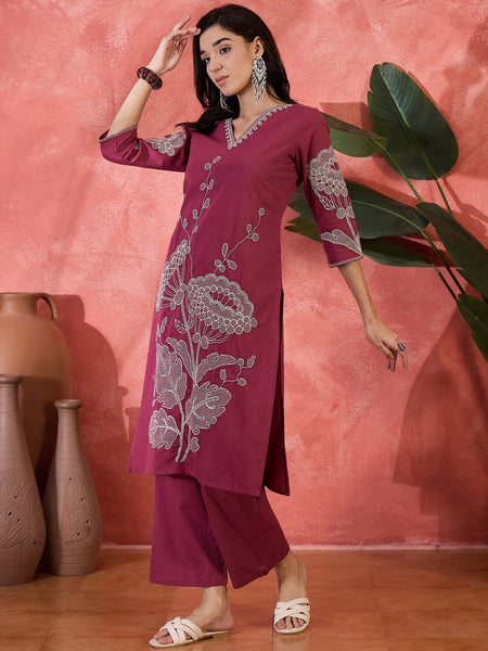 Pure Cotton Embroidered Straight With Trouser  Kurta Set