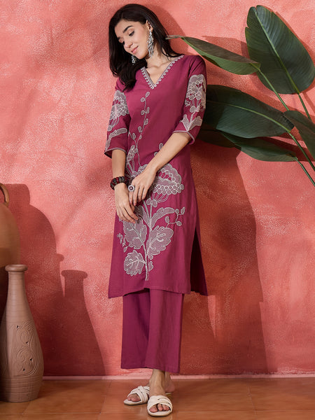 Pure Cotton Embroidered Straight With Trouser  Kurta Set