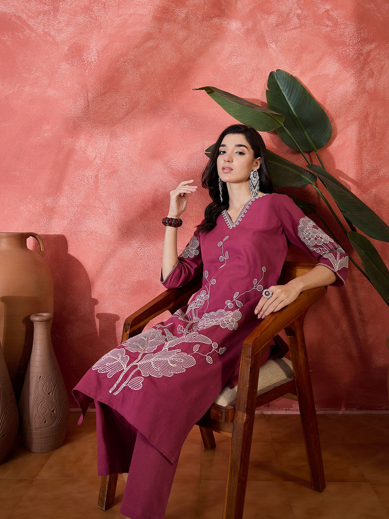 Pure Cotton Embroidered Straight With Trouser  Kurta Set