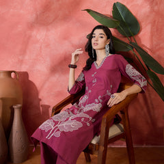 Pure Cotton Embroidered Straight With Trouser  Kurta Set