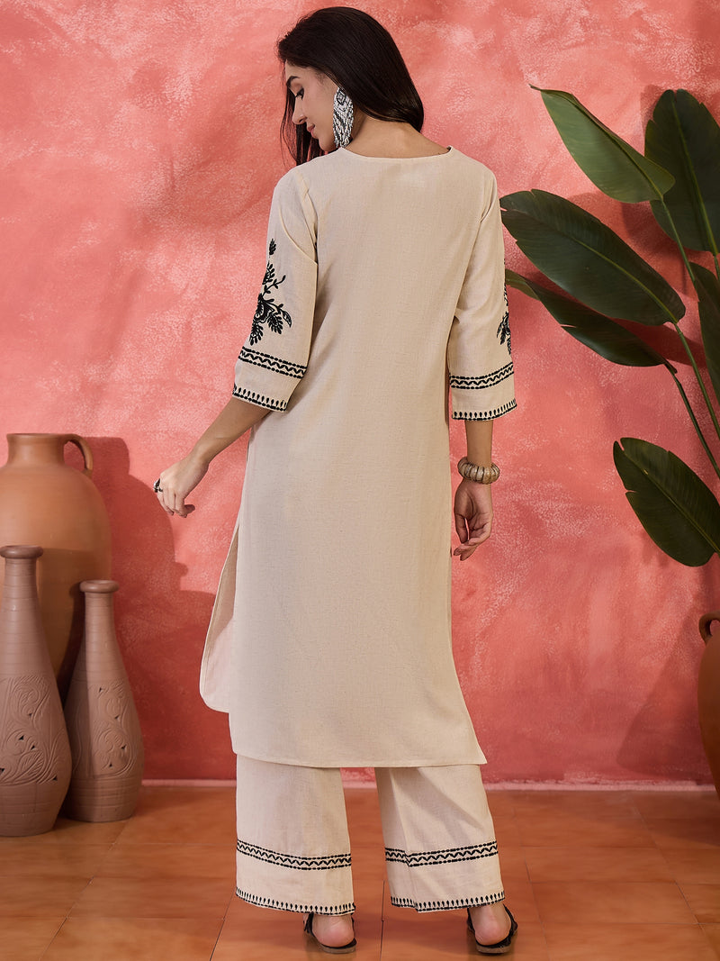 Pure Cotton Embroidered Straight With Palazzo  Kurta Set