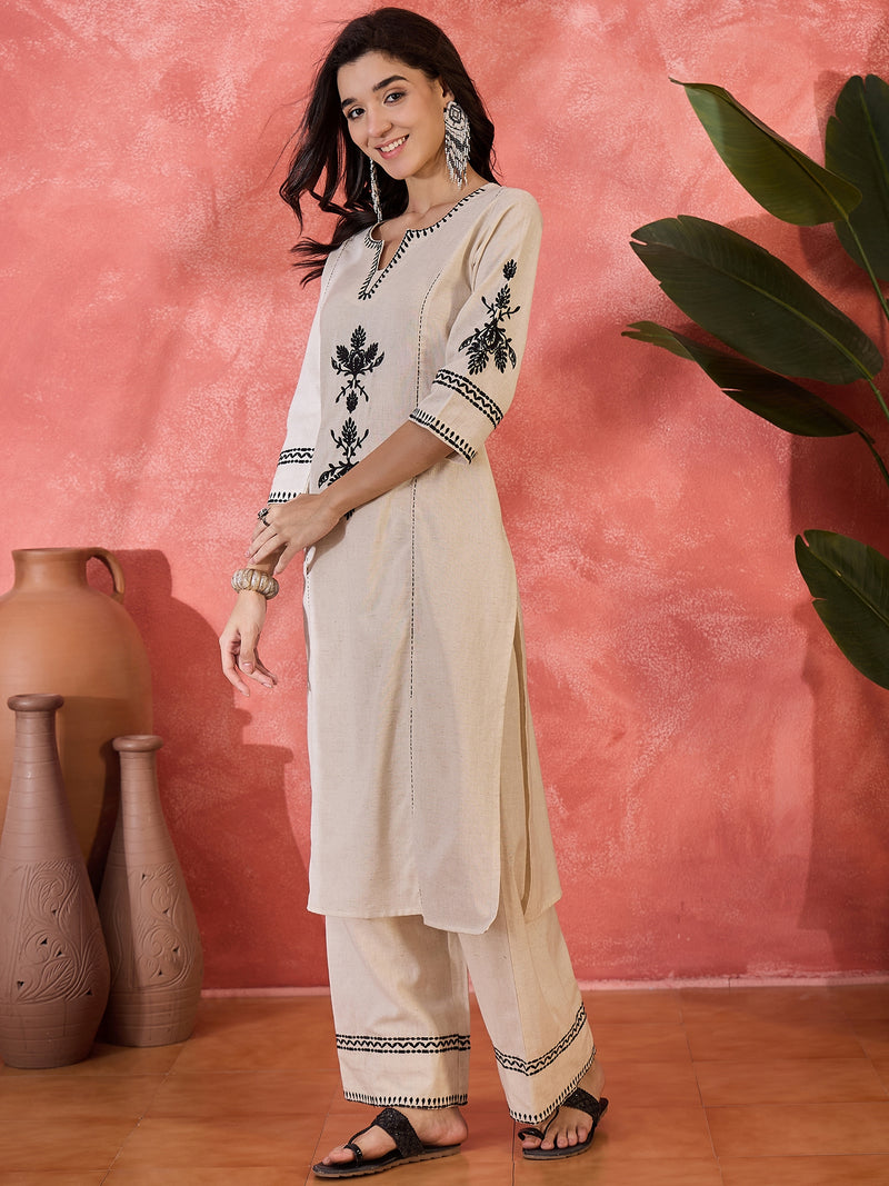 Pure Cotton Embroidered Straight With Palazzo  Kurta Set