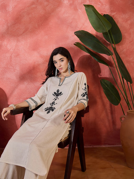 Pure Cotton Embroidered Straight With Palazzo  Kurta Set