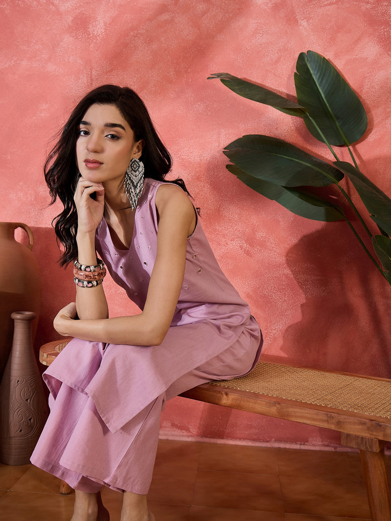 Mauve Sleeveless Mirror Work Kurta Set
