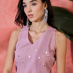 Mauve Sleeveless Mirror Work Kurta Set
