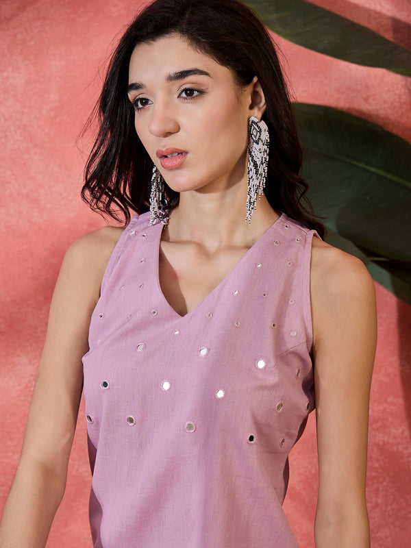 Mauve Sleeveless Mirror Work Kurta Set
